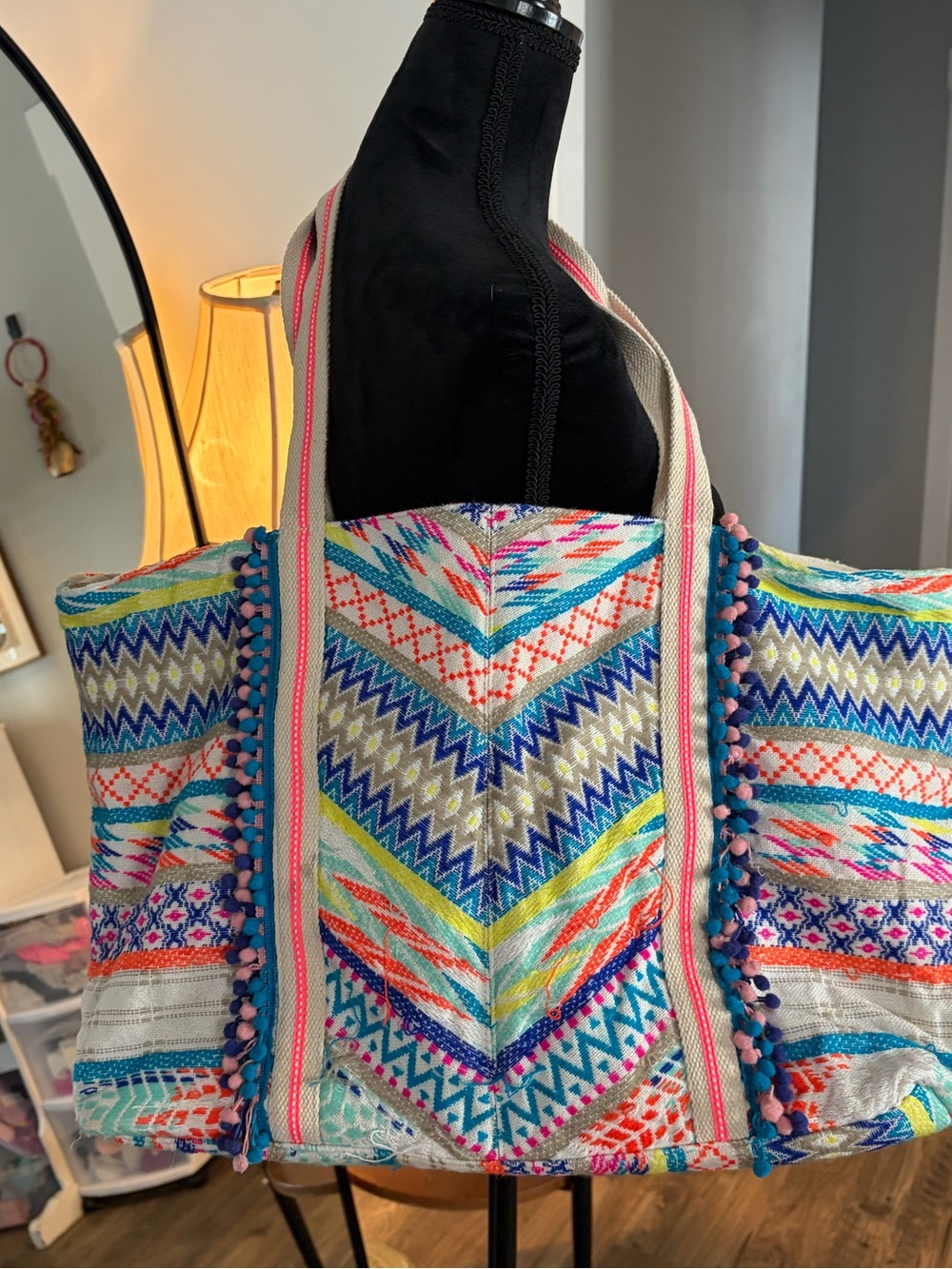Multicolor Chevron Pom-Pom Tote Bag - Women